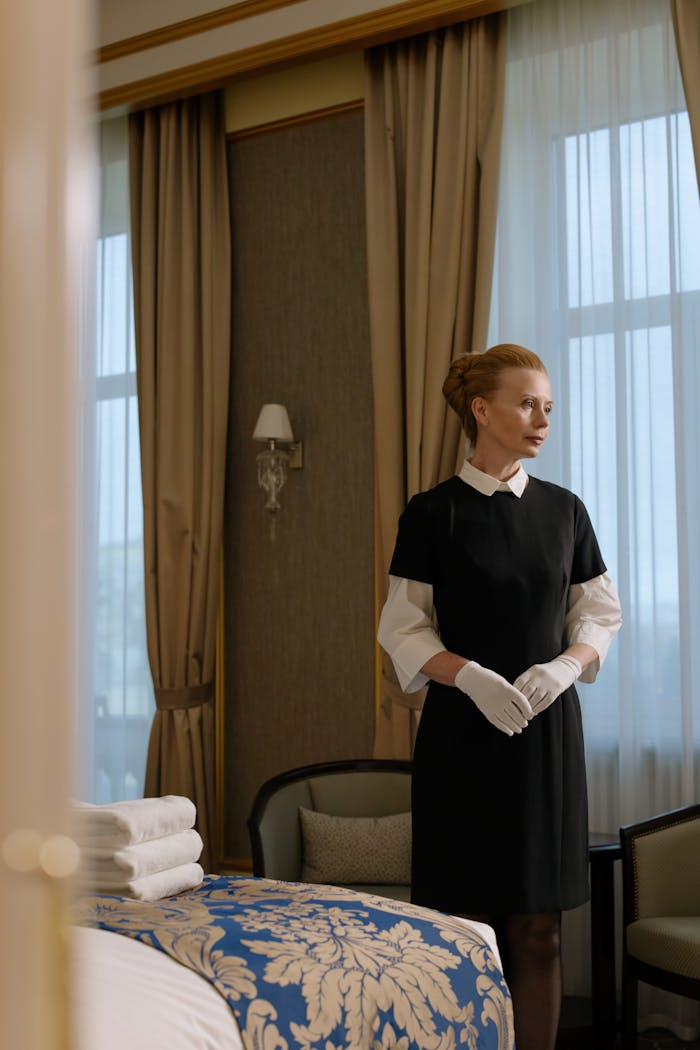 about-01 Chambermaid stands prepared with towels in a stylish hotel room.